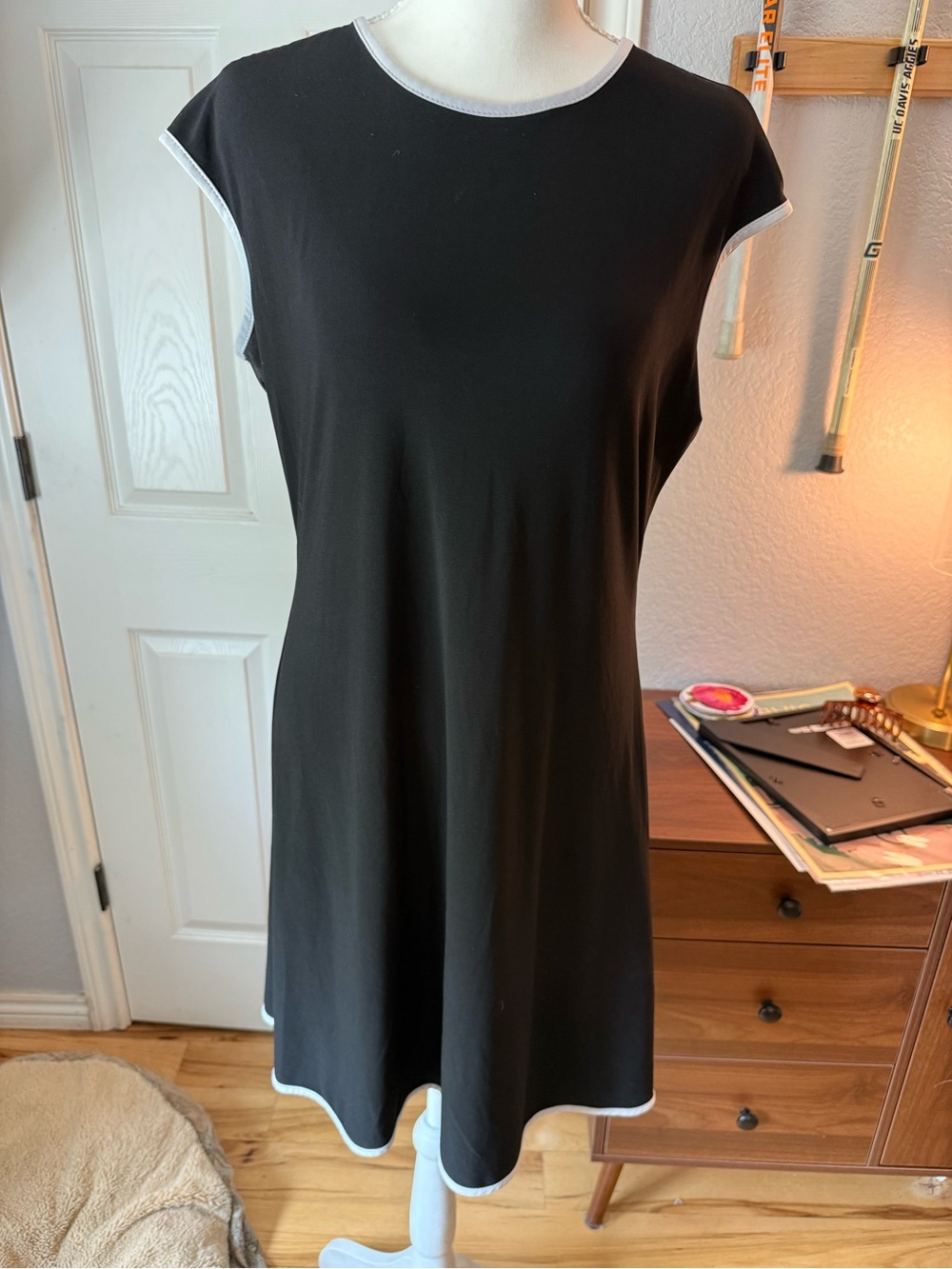 Classic Black Cap-Sleeve Dress with Contrast Trim